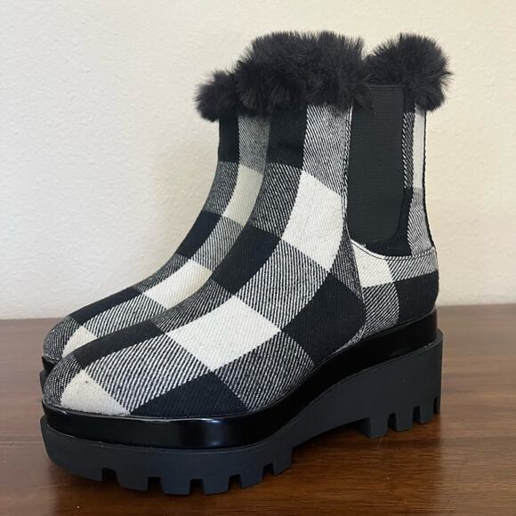 New DKNY Bax Chelsea Black Bootie Wedge Faux Fur Almond Toe Plaid Print academia - Picture 3 of 12